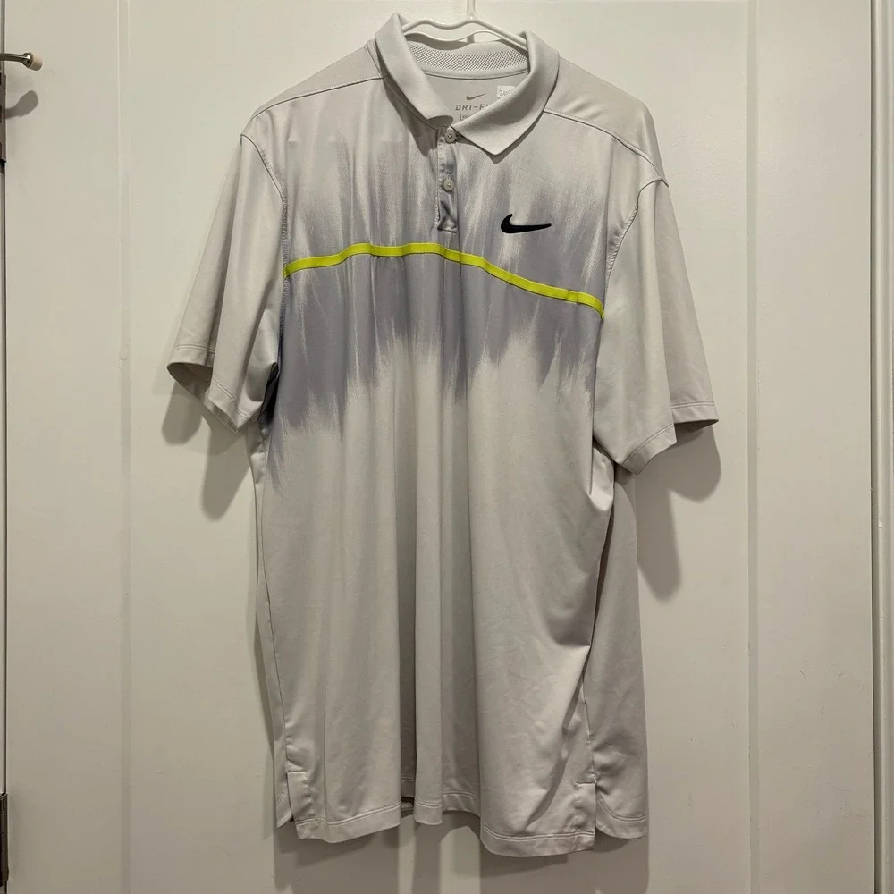 Nike Golf Dri-FIT‎ Polo Shirt Mens Large Gray Neon Yellow Brushstroke Graphic L